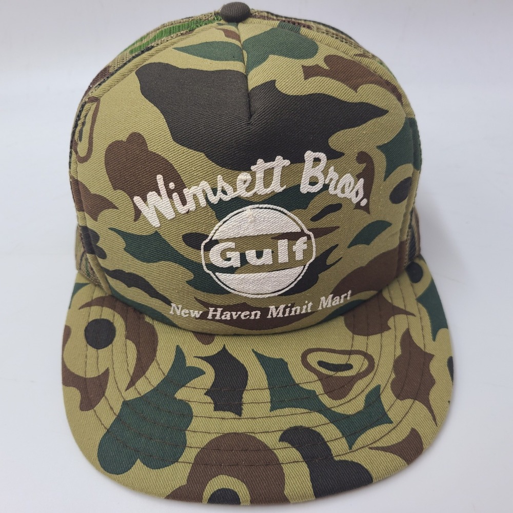 Vintage Gulf Oil Hat Snapback (Fits Small) Trucker Mesh Camo Winsett New Haven